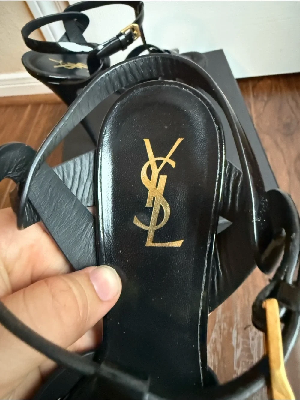 Saint Laurent Tribute 105 Icon Black Patent Leather Platform Heels Sandals